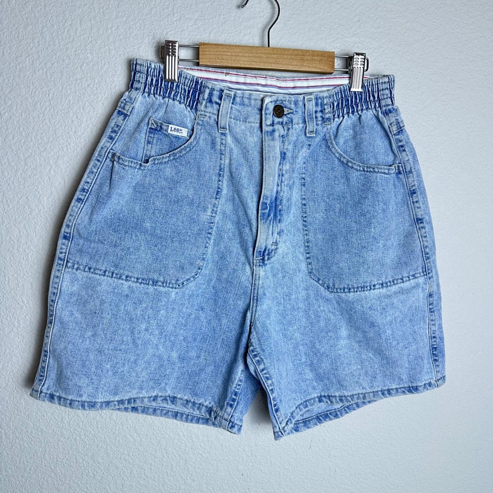 Lee Vintage High Waisted Light Wash Denim Shorts Elastic Waist Size 10 M Blue